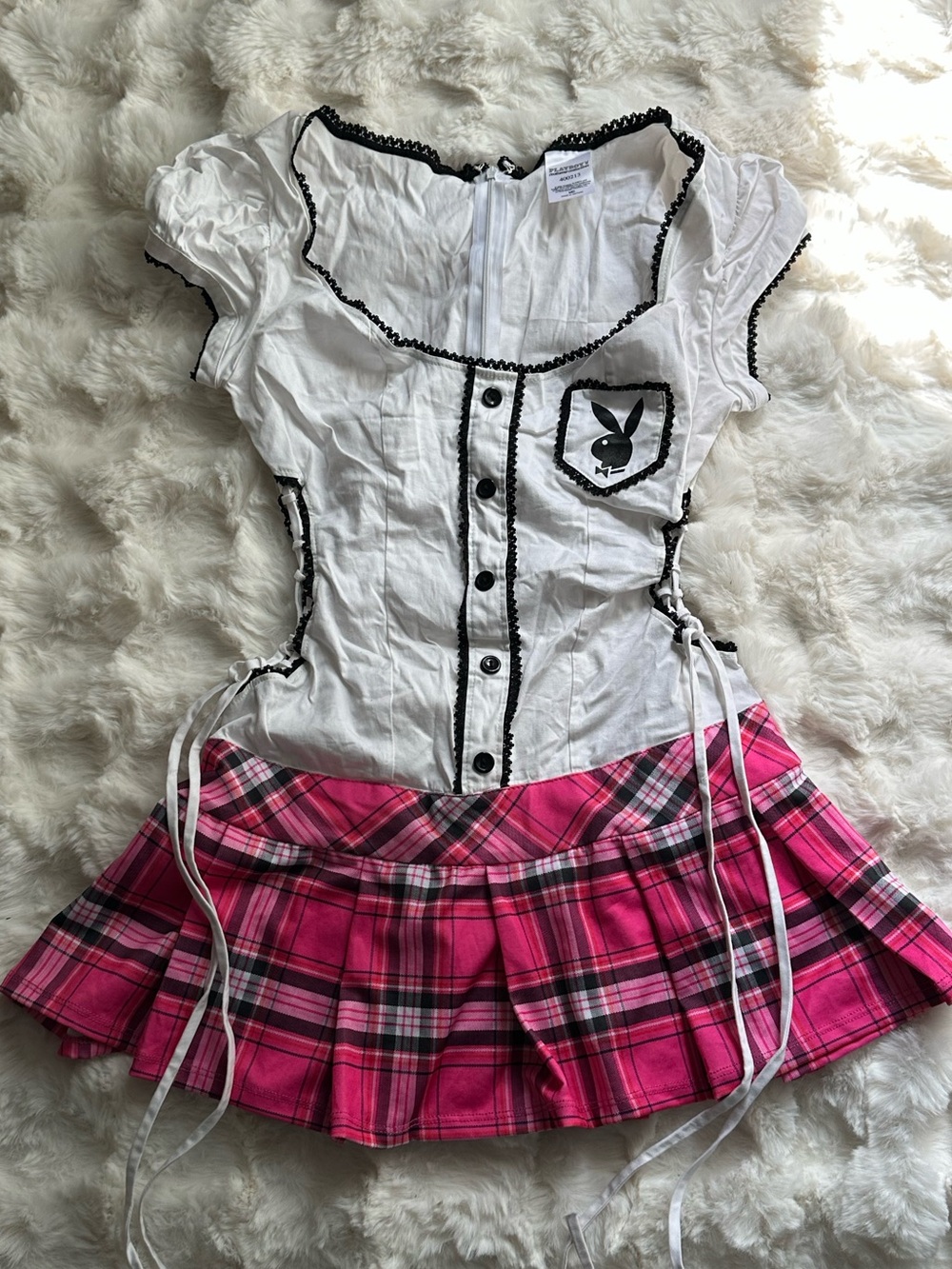 Rare PLAYBOY Costume- Vintage Y2K White Button Front Dress with Pink Plaid - Picture 2 of 4